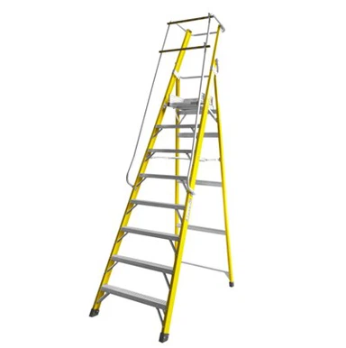 Escalera de plataforma grande de fibra de vidrio resistente, diseño industrial, 8 escalones, seguridad móvil, escalera de FRP amarilla, soporte de barandilla